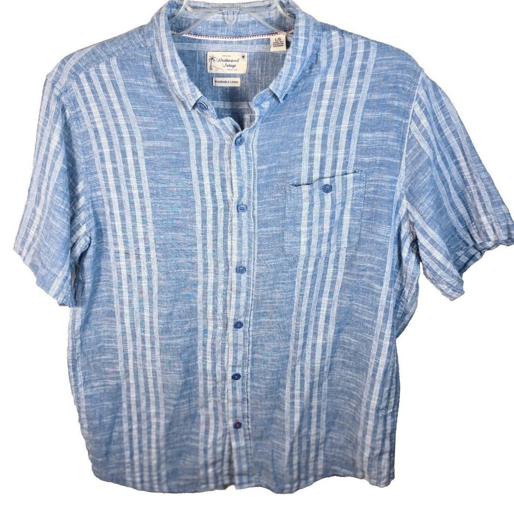 Weatherproof‎ Vintage Mens Linen Short Sleeve Woven Shirt BLUE Button Down LARGE - Picture 2 of 10